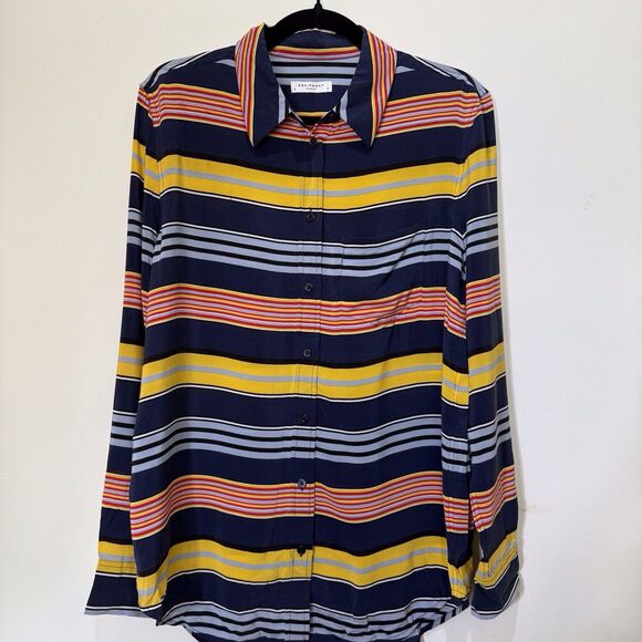 Equipment Femme Shirt Womens Small Navy Blue Striped 100% Silk Button‎ Up Top - Picture 12 of 15